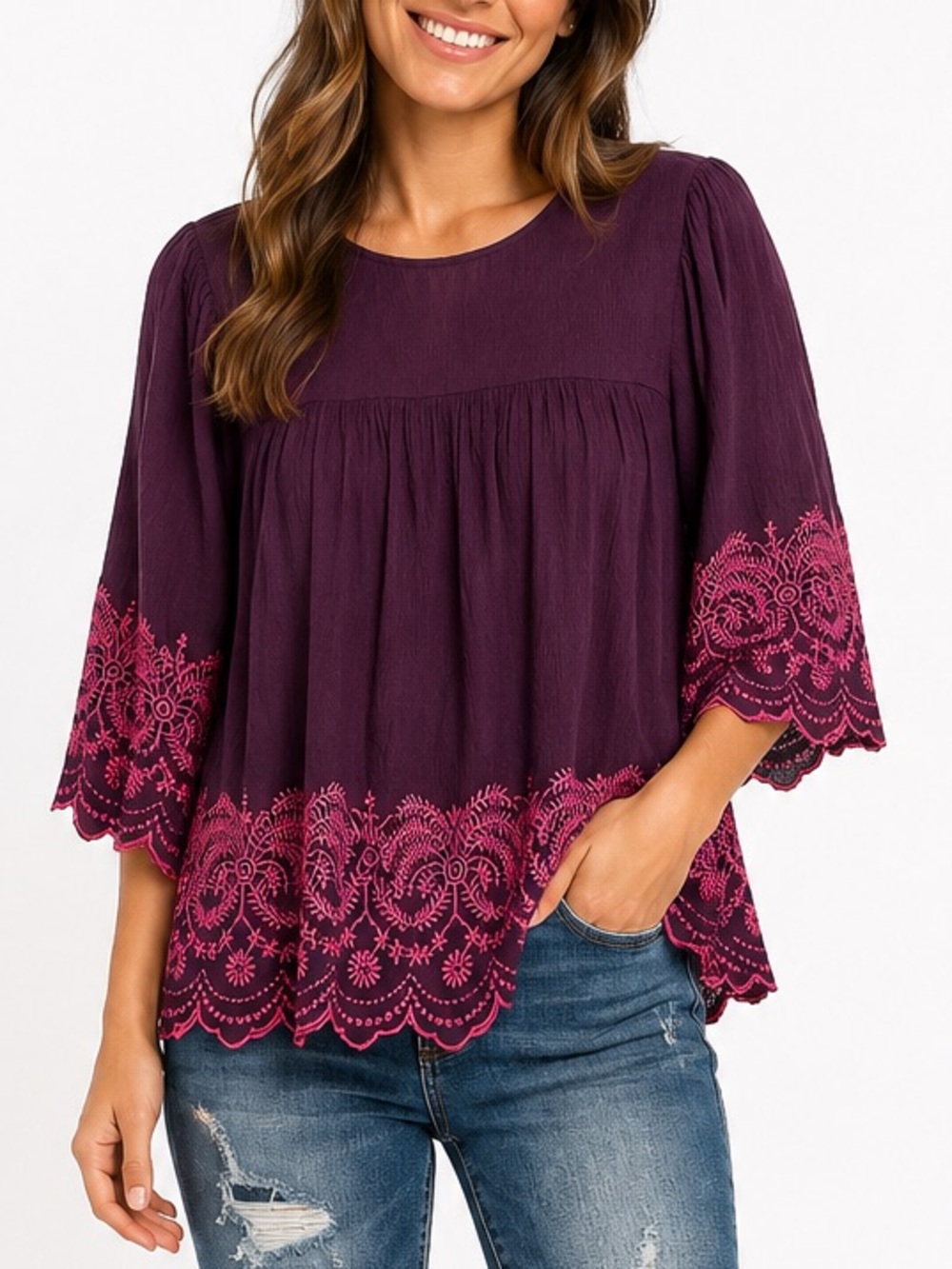 Adrianna Papell Plum Tunic with Pink Embroidery